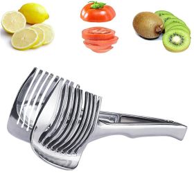1pc Tomato Lemon Slicer Holder; Round Fruits Onion Shredder Cutter Guide Tongs With Handle; Stainless Steel Kitchen Cutting Potato Lime Food Stand - S