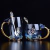 1pc Rose Enamel Crystal Tea Cup; Coffee Mug; Tumbler Butterfly Rose Painted Flower Water Cups; Clear Glass With Spoon Set - Blue - Short